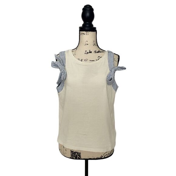 Doe & Rae Women’s Blue Tie Sleeve White Top - Size S - Picture 3 of 5